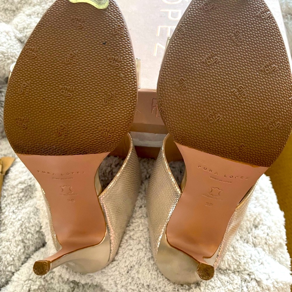 NIB Pura Lopez Metallic Snake Skin Silver Gold Sandals Slides High Heels NEW - Picture 4 of 6
